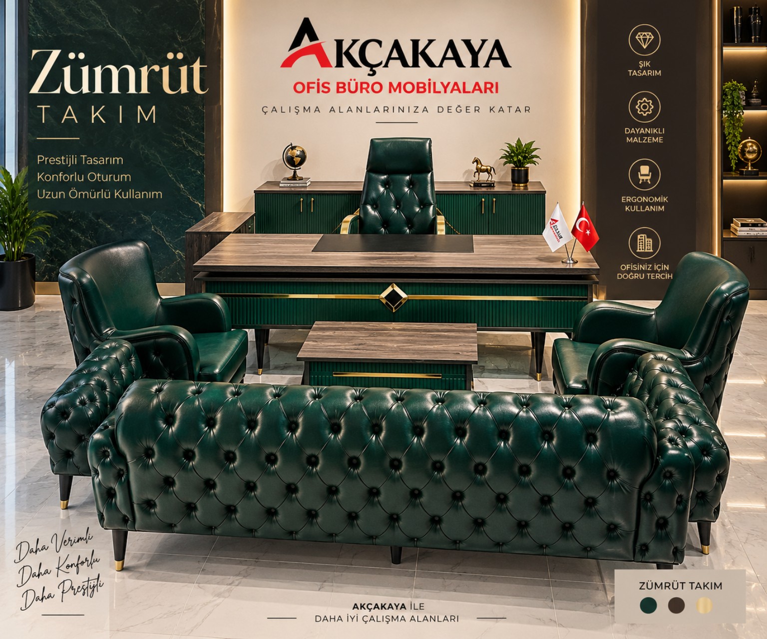 Zümrüt yönetici masa ve oturma takımı